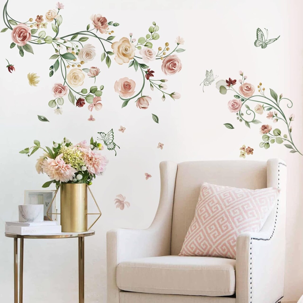 Rose Vine Flower Wall Stickers Watercolor Garden Floral Peel and Stick Wall Art Decals(Floral)